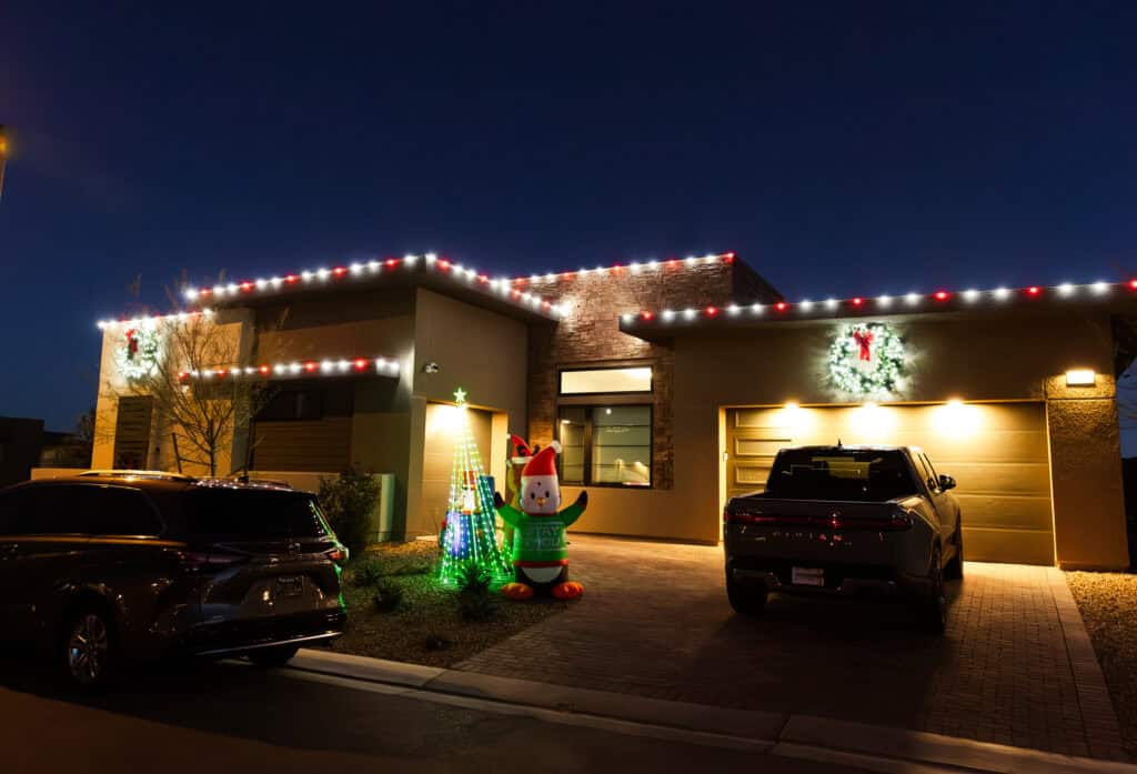 Candy cane red and white Christmas light installation on a Las Vegas home