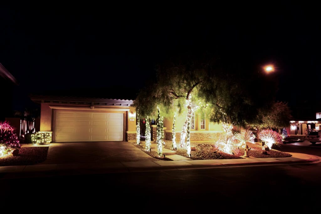 Warm white Christmas lights wrapped around trees and an entryway