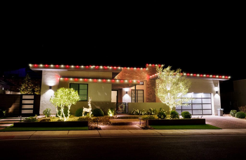 Candy cane red and white Christmas light installation on a Las Vegas home